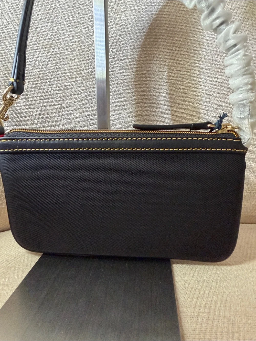 Dooney & Bourke Black Shoulder Wristlet with Contrast Stitching